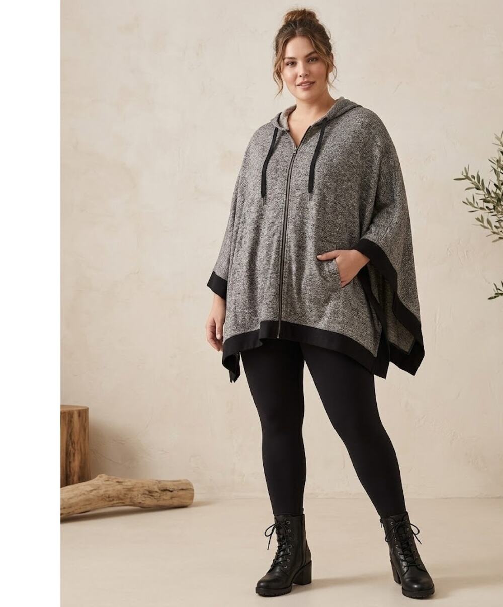Roaman's Hooded Knit Poncho Cape Cardigan Grey Marled Gorpcore Athleisure M/L